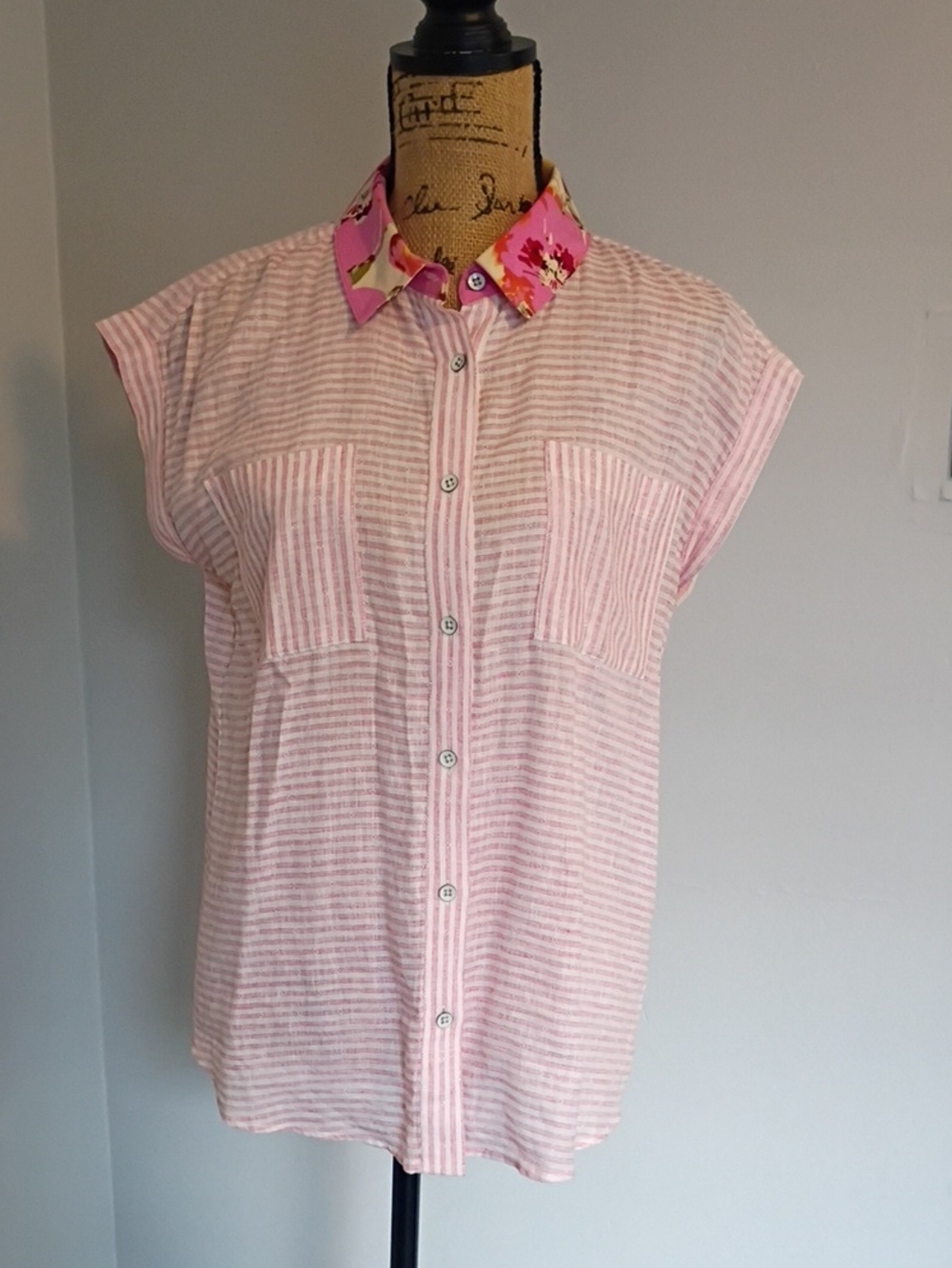 Cabi Pink Striped Button-Down Top with Floral Collar